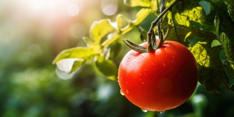 Fresh Red Tomato with Water Droplets on Plant in Sunlight. Close-Up of Ripe Tomato with Morning Dew. Generative AI