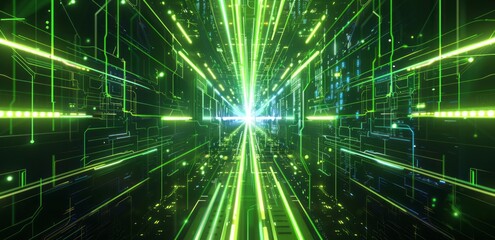 Obraz premium A neon green and black background with symmetrical lines of light streaks on the left side, creating an abstract design