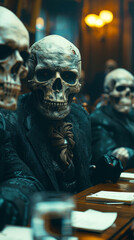 Obraz premium Humor in Business Meeting with Skeletons in Formal Attire in Dimly Lit Room, Eerie yet Funny Setting, Imaginary Company Gathering, Unique Halloween-Themed Office Concept, Illustration