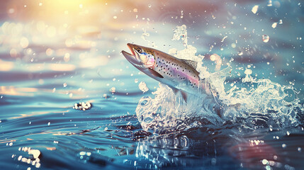 Naklejka premium Close up of rainbow trout jumping out of the water with a splash during sunrise. 