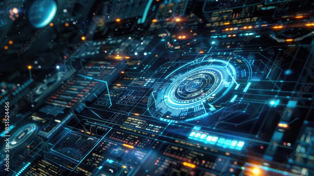 Poster the image is a circuit board with a glowing blue light in the center. the light is surrounded by a s