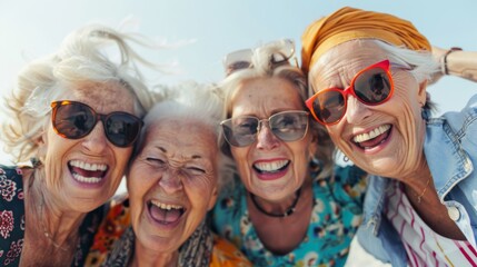 Friends group of mature old women happy to pass time together and having fun
