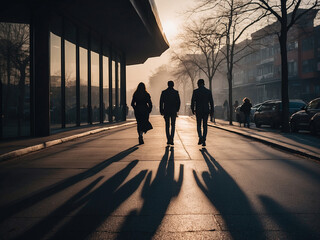 silhouette of people walking in the city, blurred unrecognizable people at street walking to reach their destination, busy city view of new york city