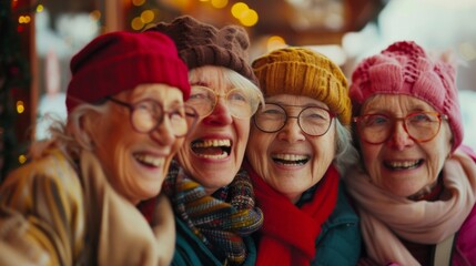 Friends group of mature old women happy to pass time together and having fun