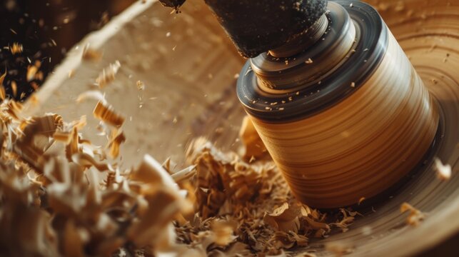 Close-up of a wood lathe crafting a detailed wooden piece with shavings flying, showcasing precision woodworking in action.