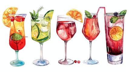 Alcohol drinks cocktail set watercolor illustration isolated on white background	