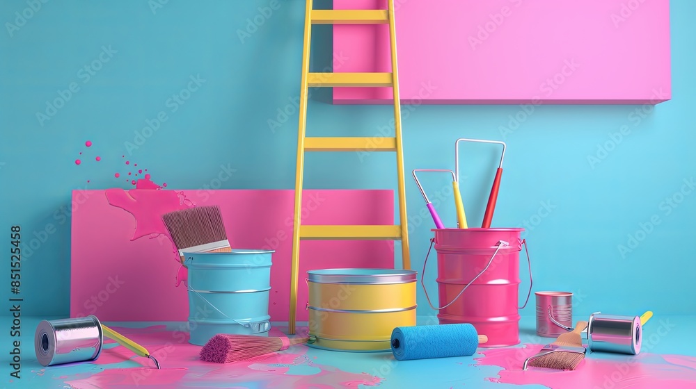 Poster a studio image featuring paint rollers, brushes, paint buckets, and a folding ladder on a light back
