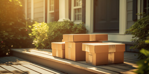 Doorstep Delivery. Parcels At House Entrance In Morning Light. Cardboard Packages On House Porch. Generative AI