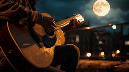 Obraz premium man playing acoustic guitar on the balcony , in the background is the empty street under the full moon ,the style of cinematic, nostalgic