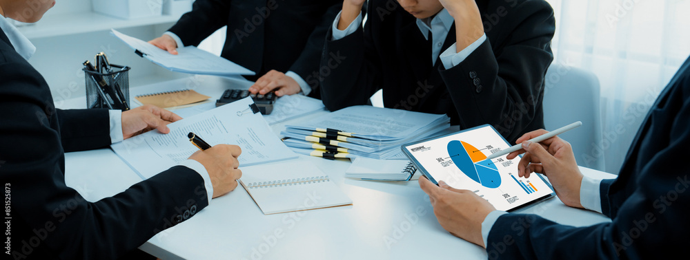 Poster business intelligence analyst team use bi software on tablet to analyze financial data dashboard. bu