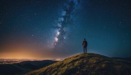 Obraz premium Under a star-studded sky, a person contemplates the universe from a hilltop, where the celestial beauty of the Milky Way contrasts with the glow of the city lights