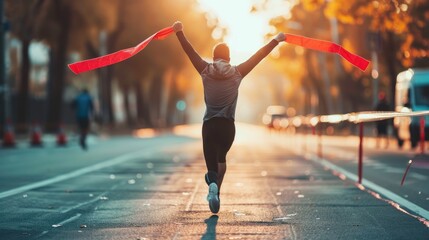 A determined runner crossing the finish line, arms raised in victory