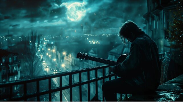 man playing acoustic guitar on the balcony , in the background is the empty street under the full moon ,the style of cinematic, nostalgic
