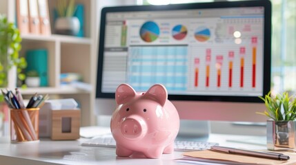 A pink piggy bank on a desk with a computer and budget spreadsheet --ar 16:9 Job ID: f8dca434-300d-40af-836e-50e5d6a7121e