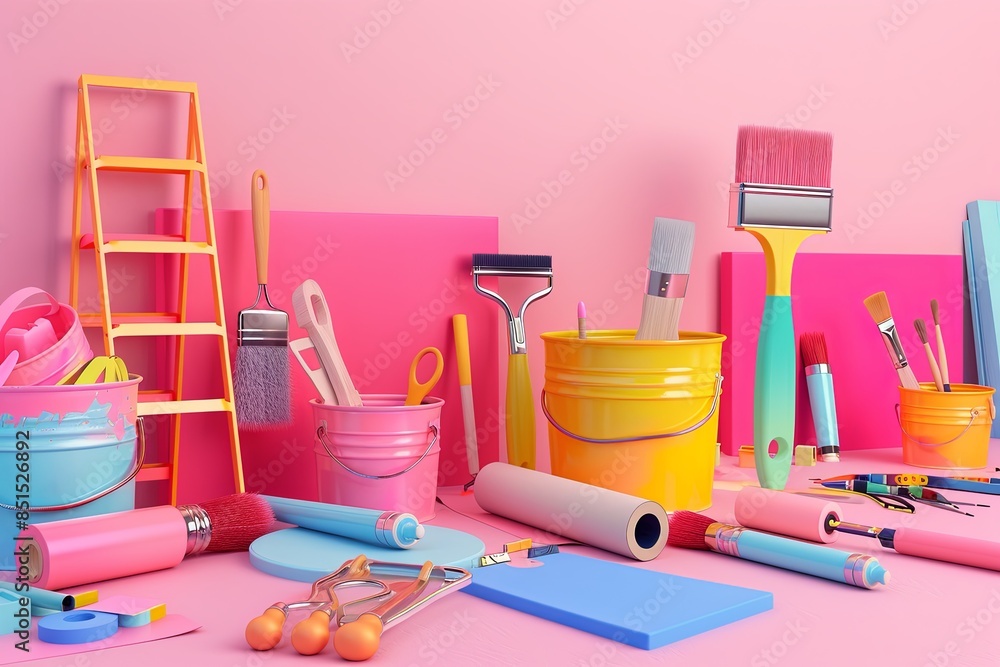 Poster a vibrant still life of painting supplies and tools on a pink background. the scene includes paint r