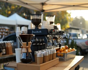 Early Morning Coffee Setup at a Farmers Market Serving Fresh Brews for Early Risers
