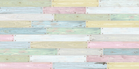 Mixed used cut timber panels colorful painted fade condition and held together with brass rivets graphic illustrated. Wooden texture pattern tropical style.