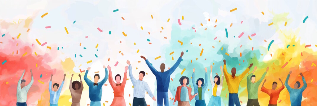 Group of diverse people celebrating with colorful confetti, concept of unity and joy, International Day of Peace