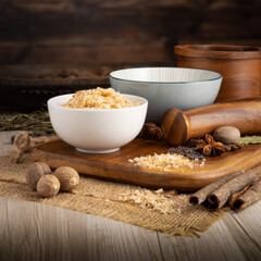 CYPRUS PYRAMID SALT - CHILLI on wooden table background. Herbs, spices and dried food baking ingredient. Mortar and different spices. Cottage kitchen. Product Photography
