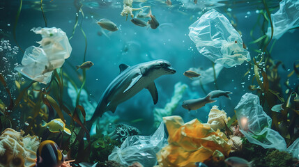 Fototapeta premium Undersea animals, garbage Generative AI