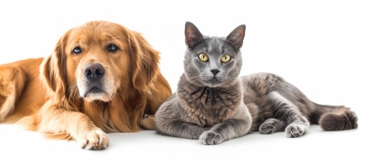 Golden Retriever and Grey Cat Posing Together