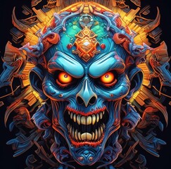zombie angry face with feather helmet on his head, face view, symmetrical view, tshirt design, black background