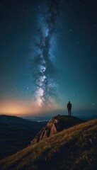 The night sky comes alive with the Milky Way, as a solitary figure stands on a hill, absorbing the tranquil beauty of the cosmos against the backdrop of city lights
