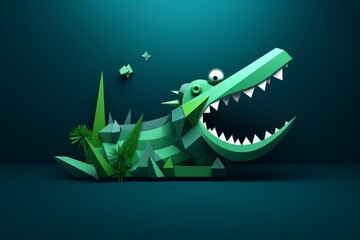 Crocodile in Impressionism flat design, side view, swamp theme, 3D render, analogous color scheme