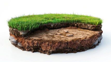 Round cross section of soil ground with green grass and earth ground, realistic 3D rendering circle cutaway terrain floor with isolated rocks