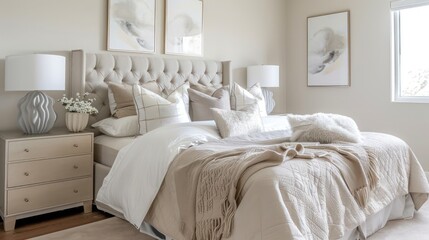 serene bedroom with soft, neutral tones, plush bedding, and minimalist decor promoting relaxation and tranquility