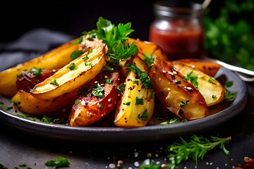 Homemade organic vegetable vegan potato wedges with onion herbs and tomato sauce