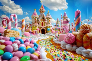 A whimsical candy castle in a fantasy land made of sweets.