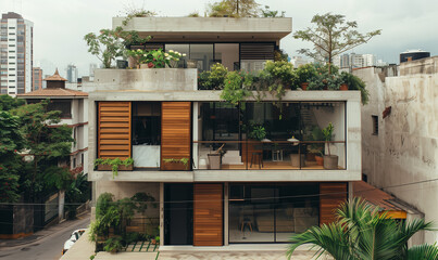 Fototapeta premium Small Minimalist Eco Three Story House with Green Roof. Energy Saving Technologies