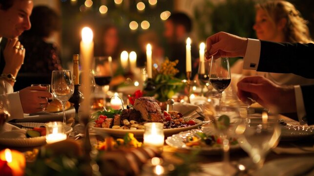 A classy dinner party with a beautifully set table, candles, and guests engaging in lively conversation over a gourmet meal. 