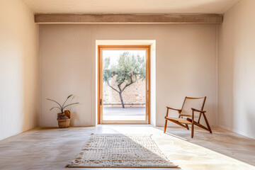 Window in an empty room in light brown color and minimal furniture. Residential Real Estate interior design composition.
