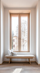 Window in an empty room in light brown color and minimal furniture. Residential Real Estate interior design composition.