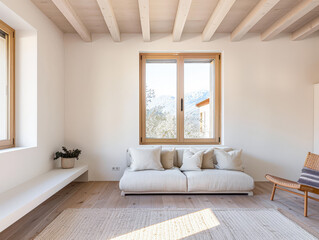 Fototapeta premium Window in an empty room in light brown color and minimal furniture. Residential Real Estate interior design composition.