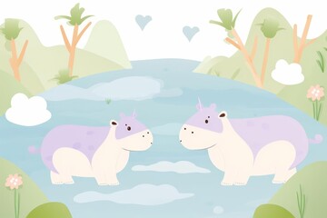 Naklejka premium Hippopotamus paper craft flat design top view river theme cartoon drawing colored pastel