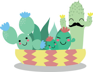 Flat isolated cute succulents. Cartoon succulents illustration vector.