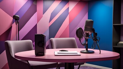 podcast studio featuring a table and microphone set against a backdrop of pink, purple, and blue.
