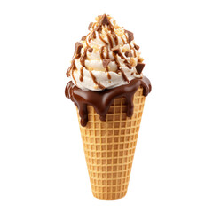 Vanilla Ice Cream Cone With Chocolate And Caramel Drizzle Topped With Nuts On Isolated Background.