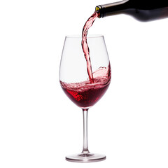 Red Wine Pouring Into Glass From Bottle On Isolated Background.