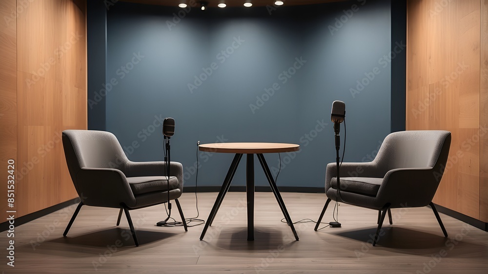 Aufkleber interview or podcast? put two chairs and two microphones in the interview or podcast space.