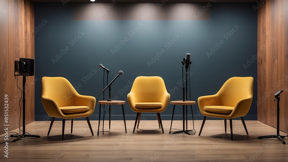Aufkleber interview or podcast? put two chairs and two microphones in the interview or podcast space.