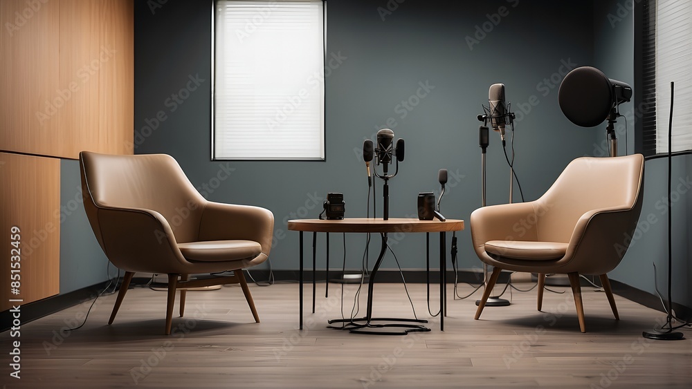 Aufkleber interview or podcast? put two chairs and two microphones in the interview or podcast space.
