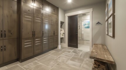 sleek and functional mudroom with modern lockers, a durable tile floor, and a neat bench for convenience and style