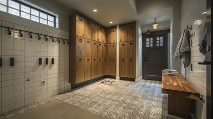 sleek and functional mudroom with modern lockers, a durable tile floor, and a neat bench for convenience and style