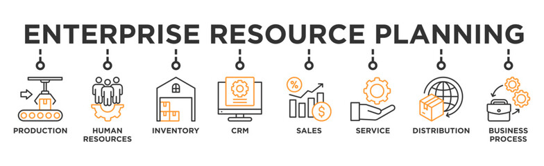 Enterprise resource planning banner web icon vector illustration concept with icon of production, human resources, inventory, crm, sales, service, distribution, business process