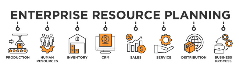 Enterprise resource planning banner web icon vector illustration concept with icon of production, human resources, inventory, crm, sales, service, distribution, business process