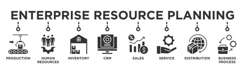Enterprise resource planning banner web icon vector illustration concept with icon of production, human resources, inventory, crm, sales, service, distribution, business process